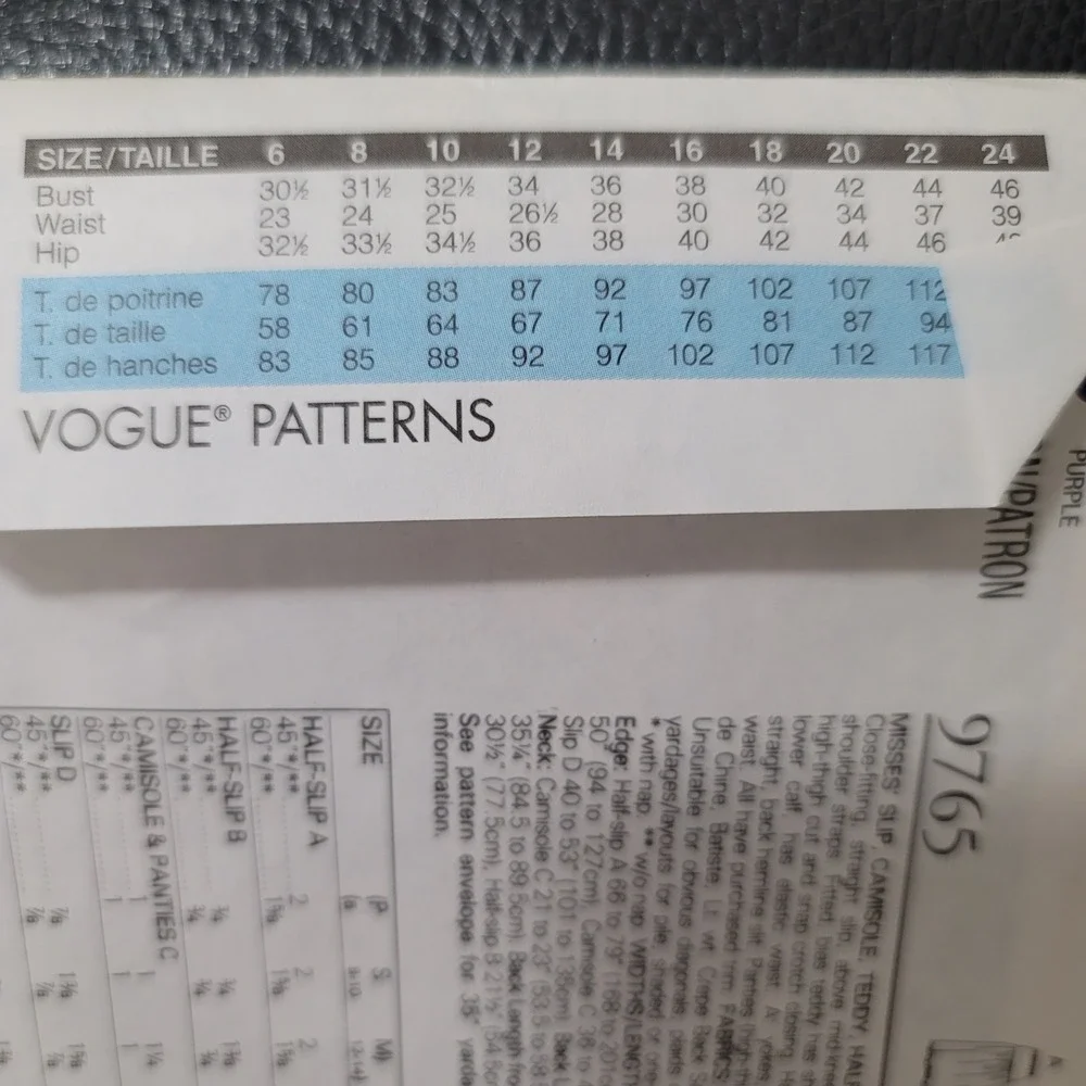Vogue 9765 Lingerie Sewing Pattern Slip Teddy Camisole Panties Size L XL Uncut
